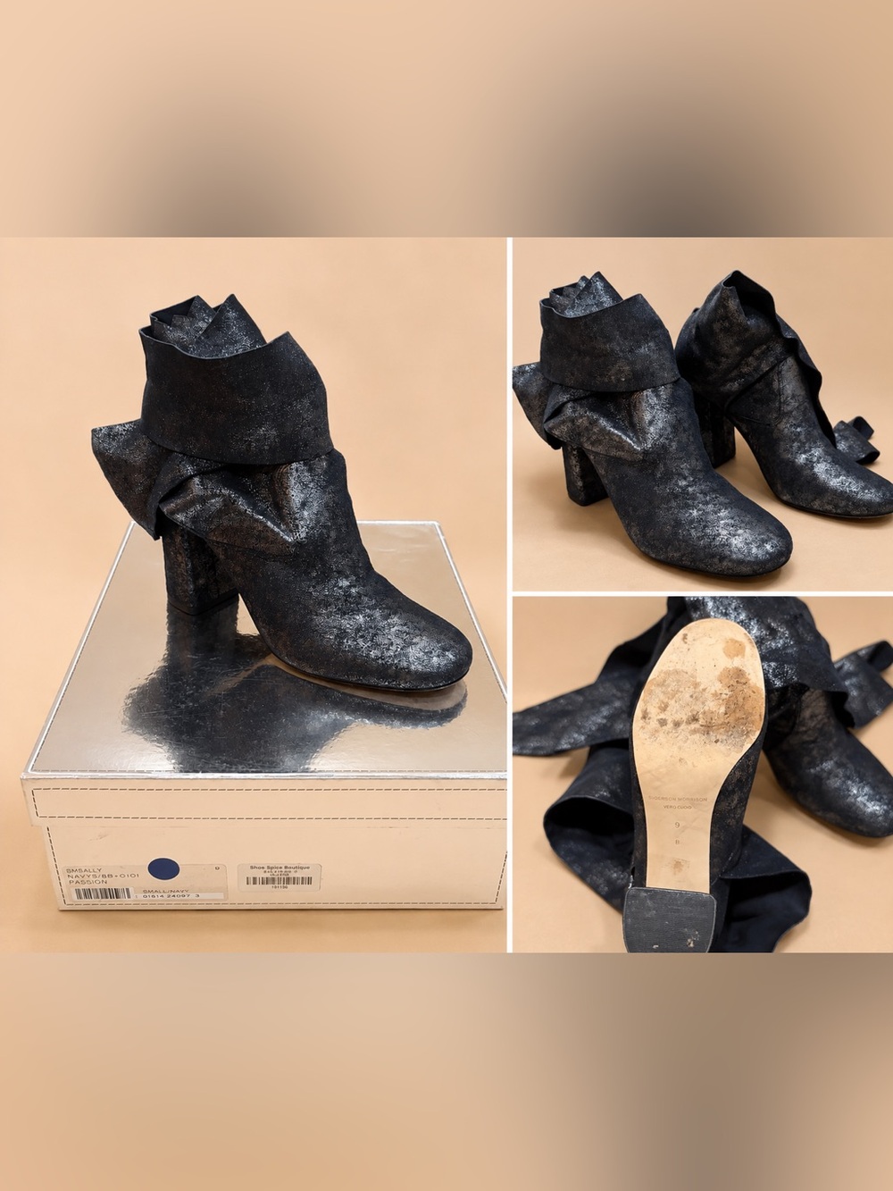 Womens Black Metallic Fold-Over Ankle Boots